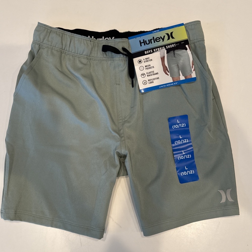 Hurley Boys Hybrid Shorts Green Size L 10/12 NWT Stretch Quick Dry Drawstring